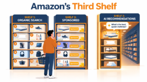 Illustration of three Amazon shelves labeled organic search, sponsored, and AI recommendations, with a seller looking only at the first two