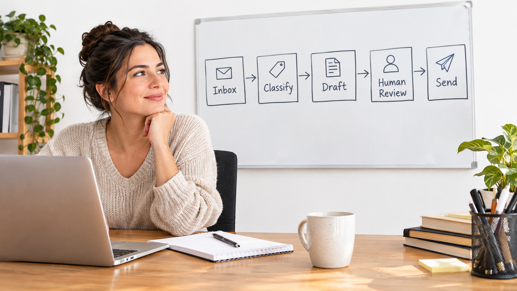Whiteboard workflow showing inbox, classify, draft, human review, send