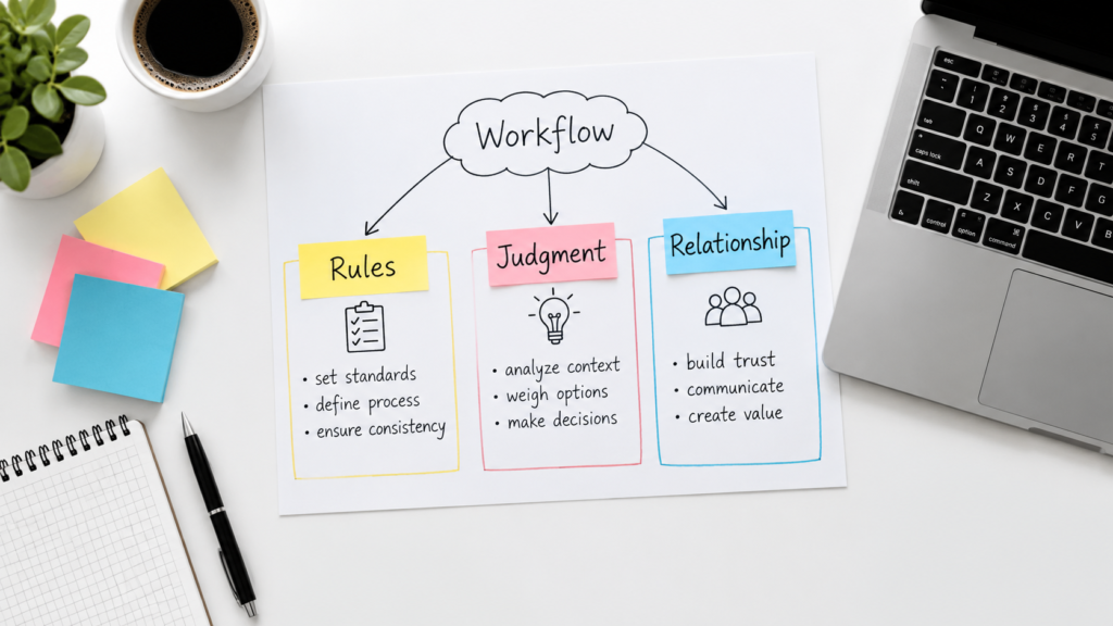 Desk with a workflow map and sticky notes sorted into Rules, Judgment and Relationship columns