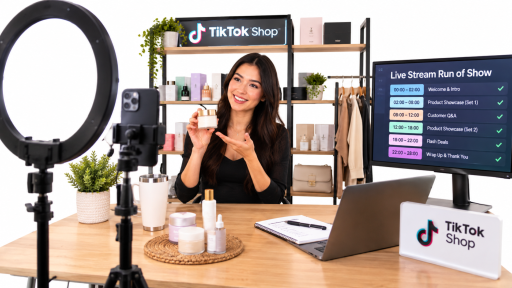 Home studio setup for a TikTok Shop live stream with ring light, tripod and run-of-show checklist