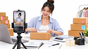 A home-based seller packing orders at a table with a phone on a tripod showing a live shopping stream