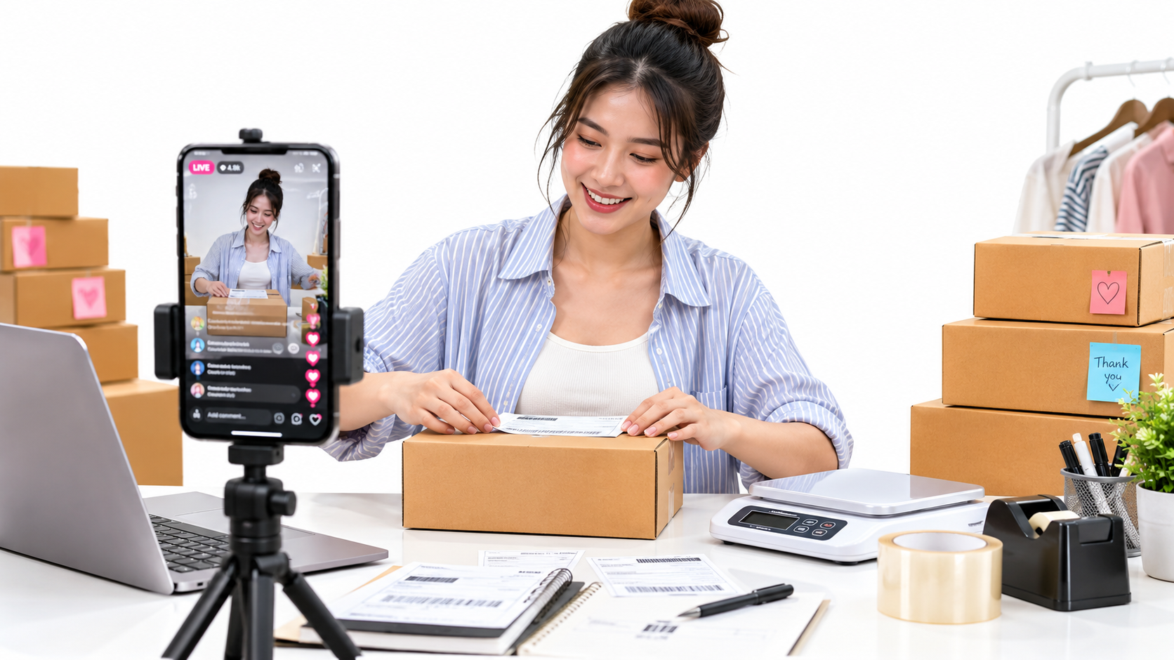 A home-based seller packing orders at a table with a phone on a tripod showing a live shopping stream