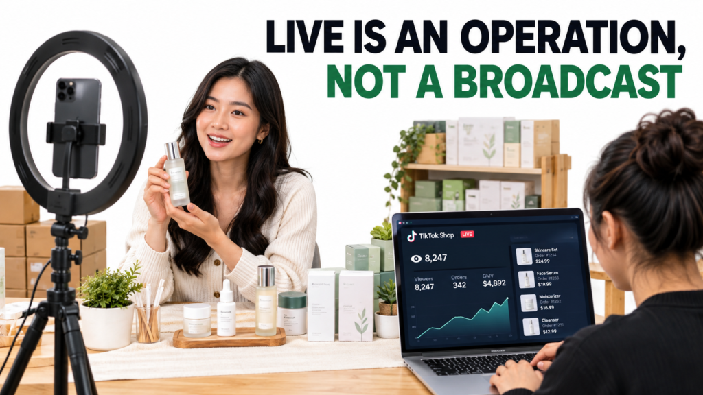 A small TikTok Shop LIVE studio with a host demoing a skincare product to a phone on a tripod while a producer watches a live orders dashboard