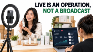 A small TikTok Shop LIVE studio with a host demoing a skincare product to a phone on a tripod while a producer watches a live orders dashboard