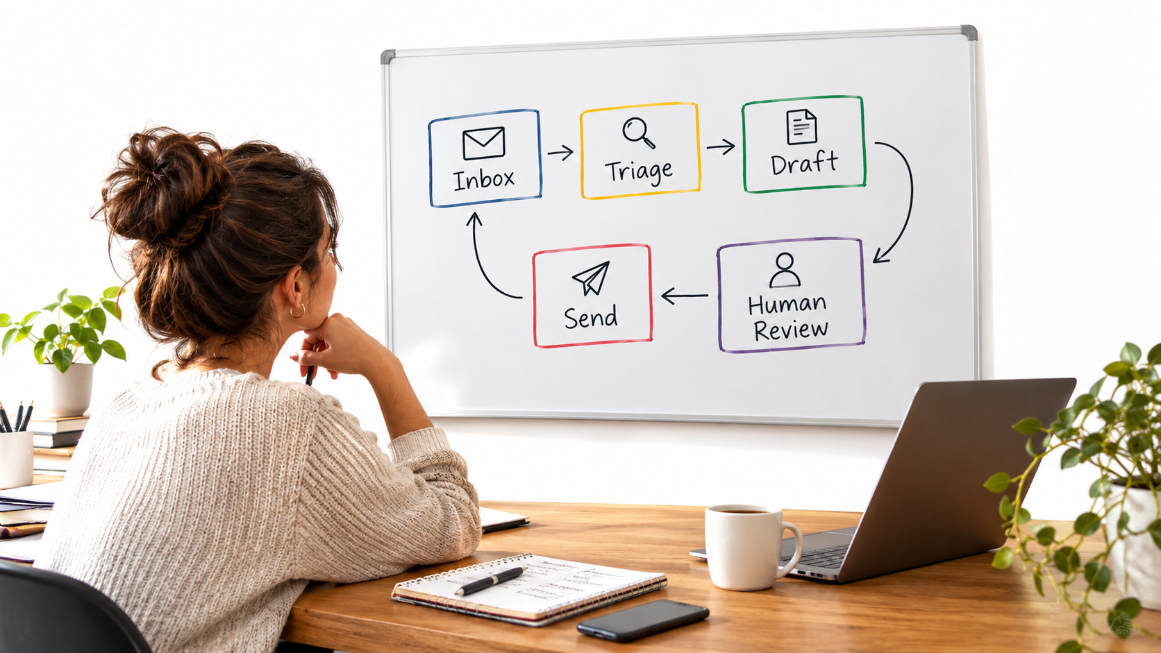 Whiteboard workflow map showing inbox, triage, draft, human review and send steps for AI automation