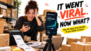 A small brand owner in a home warehouse surrounded by shipping boxes while a TikTok Shop dashboard shows a sharp sales spike